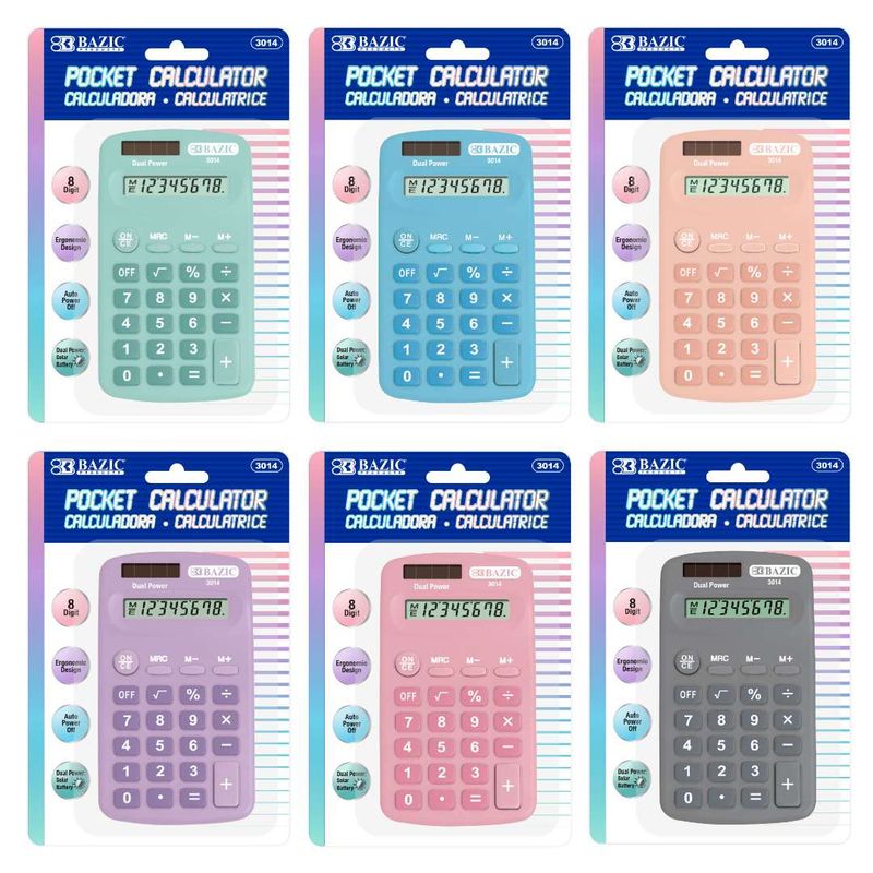 8-Digit Dual Power Pocket Calculator, Pastel Colors