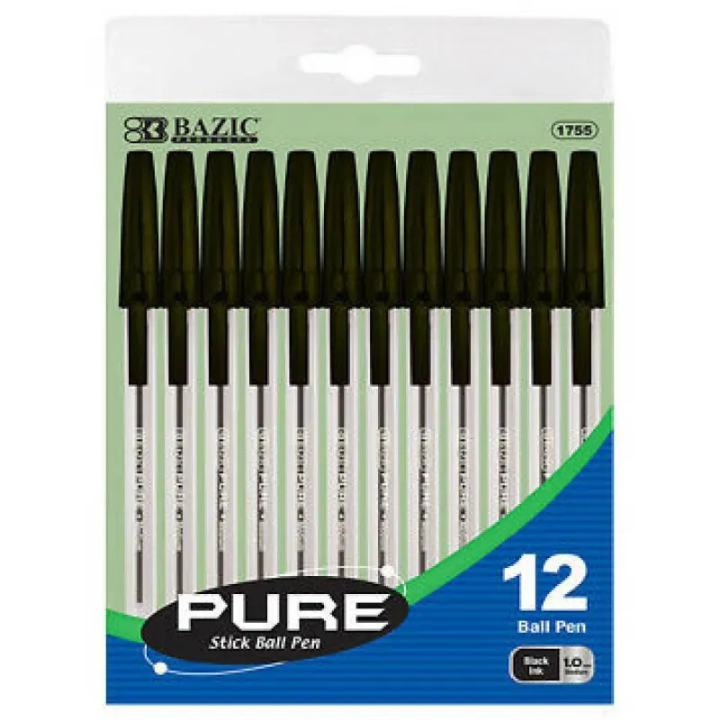 12 Pure Black Ink Stick Ballpoint Pens, 1.0mm Medium