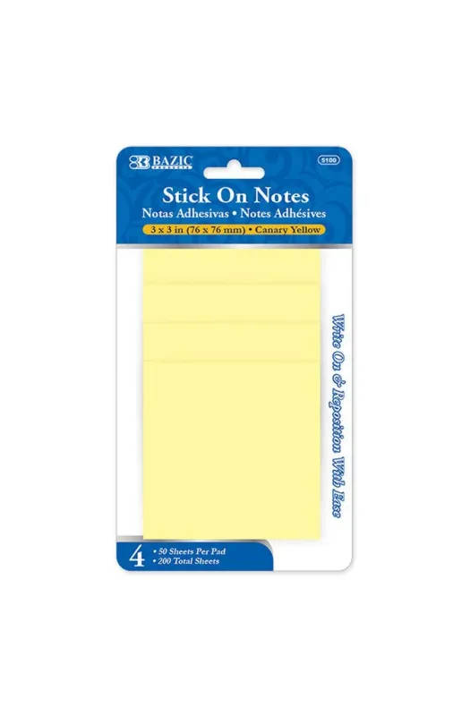 50 Ct. 3" X 3" Yellow Sticky Notes (4/Pack)