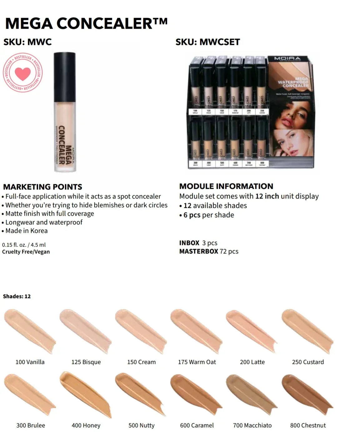 MEGA Concealer  MWCSET  (11 shades  6pc each including testers).  MOIRA