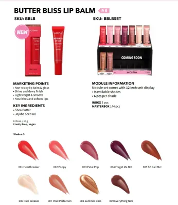 Butter Bliss Lip Balm -BBLBSET- (9 color 6 pc each including testers)  Moira