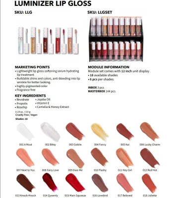 Luminizer Lip Gloss -LLGSET-(18 colors 6pc each including testers)   Moira
