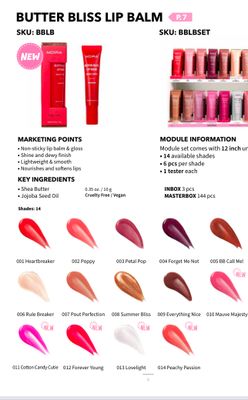 Butter Bliss Lip Balm -BBLBSET- (14 color 6 pc each including testers)  Moira