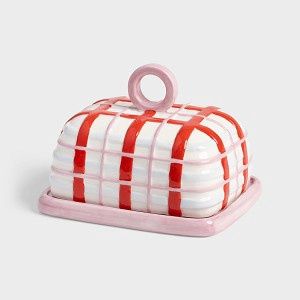 Butter dish plaid pink