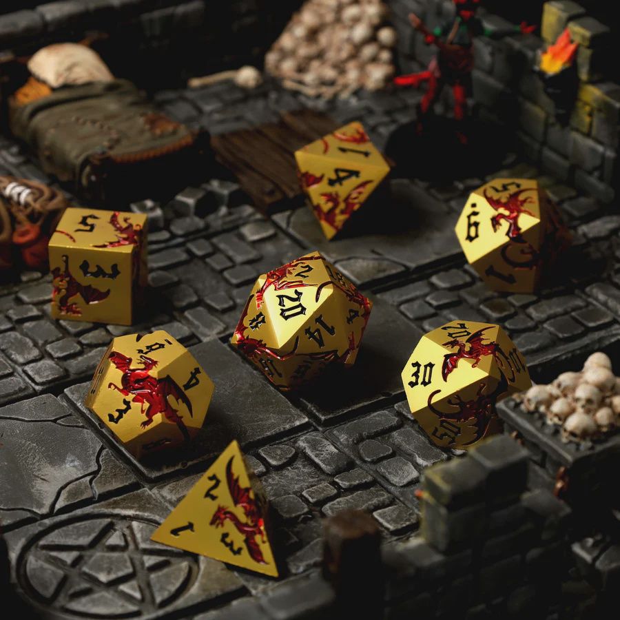 CritStones - Metal Dragon RPG Dice Set, Kleur: Goud / Rood