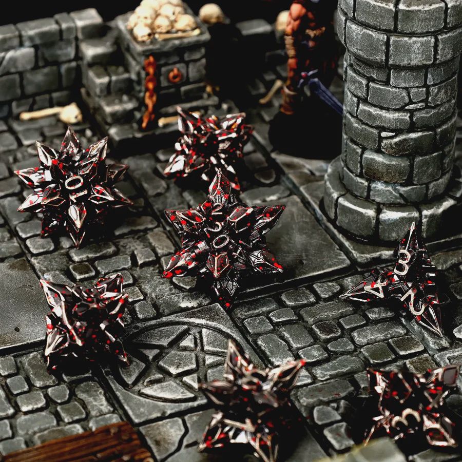CritStones - Metal Brutal RPG Dice Set, Kleur: Metaal / Rood