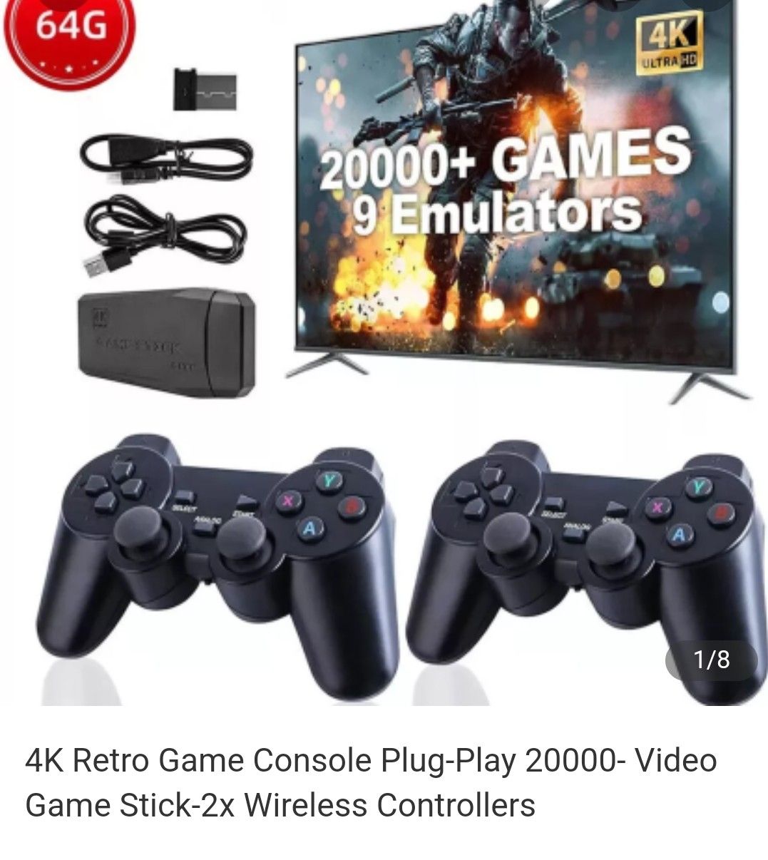 4k Retro Game Console Plug-Play 20000 Video Game Stick-2× Wireless Controllers