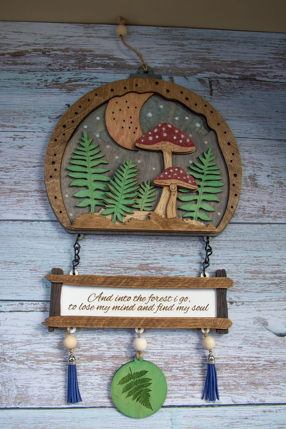 Hanging Wooden Sign with Mushroom Scene