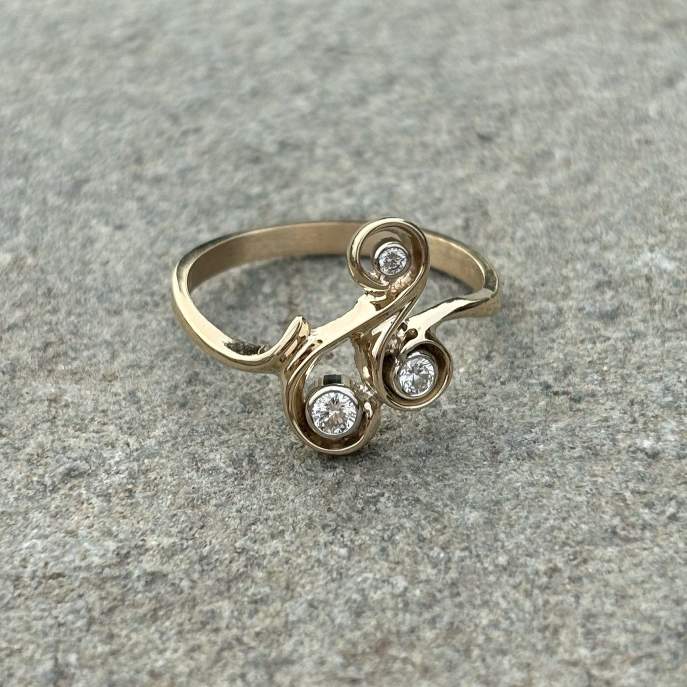 14K Gold Triple-Diamond Swirl Ring
