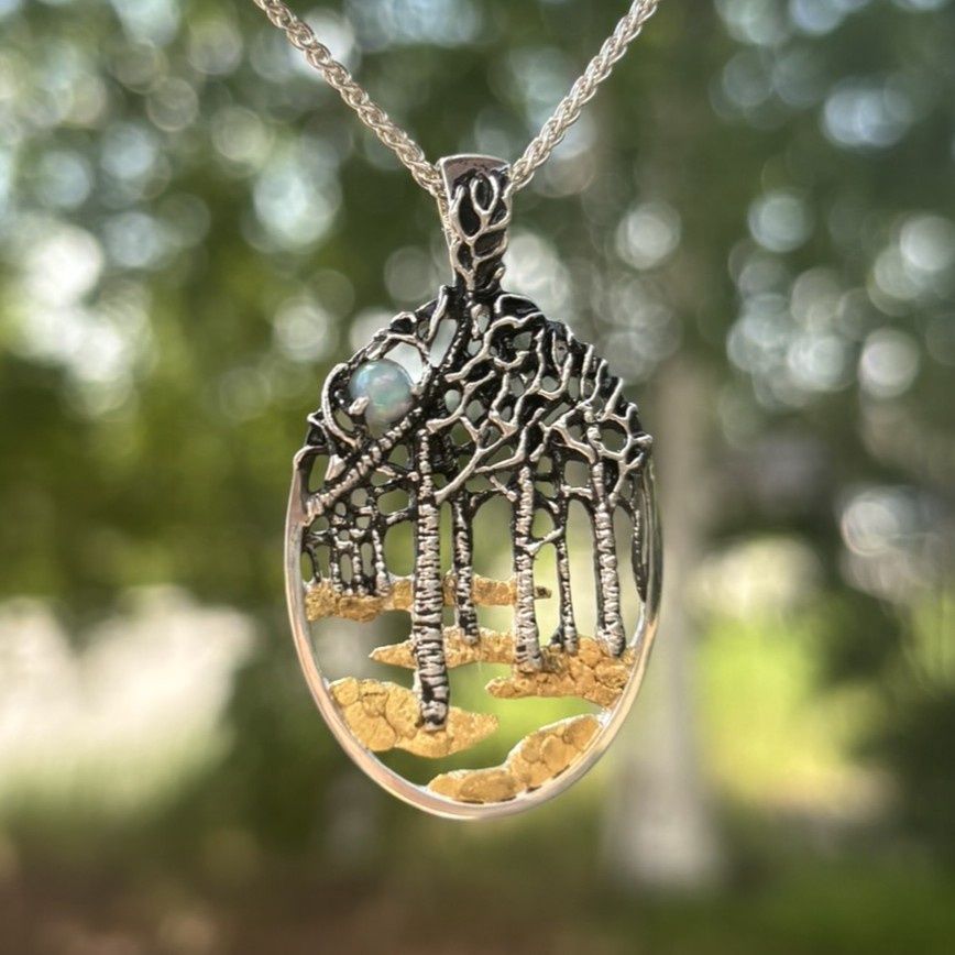 Sterling Silver Birch Forest with Opal Pendant