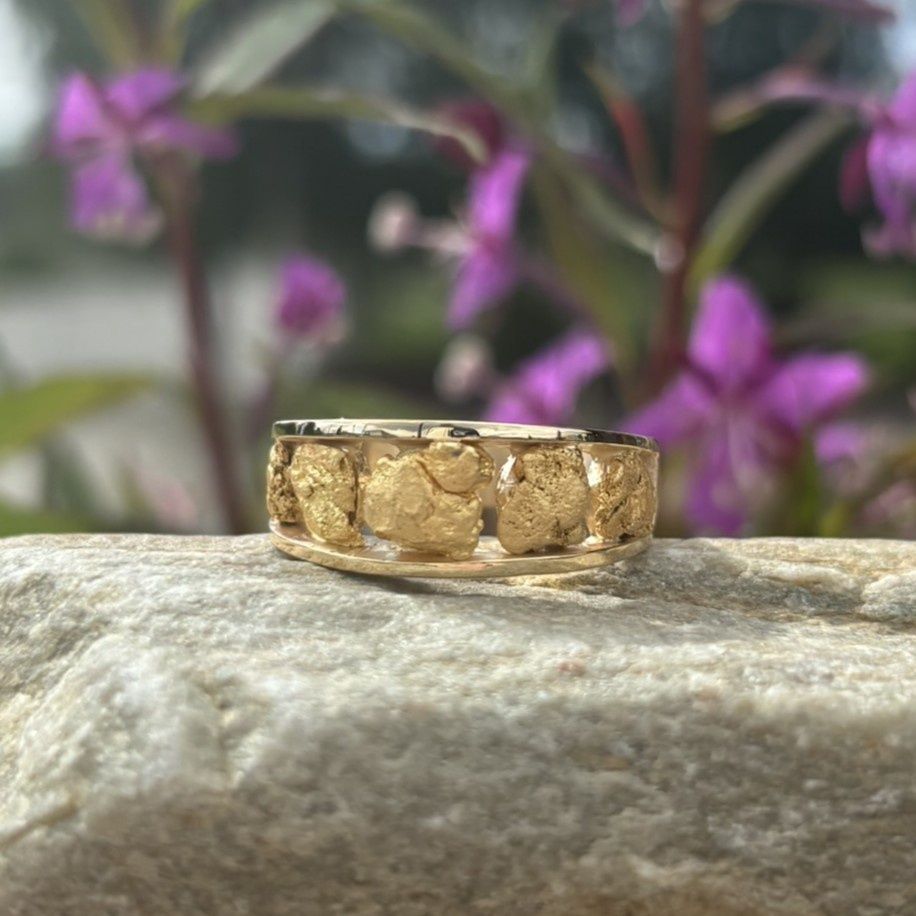 14K Gold Five Nugget Rail Ring