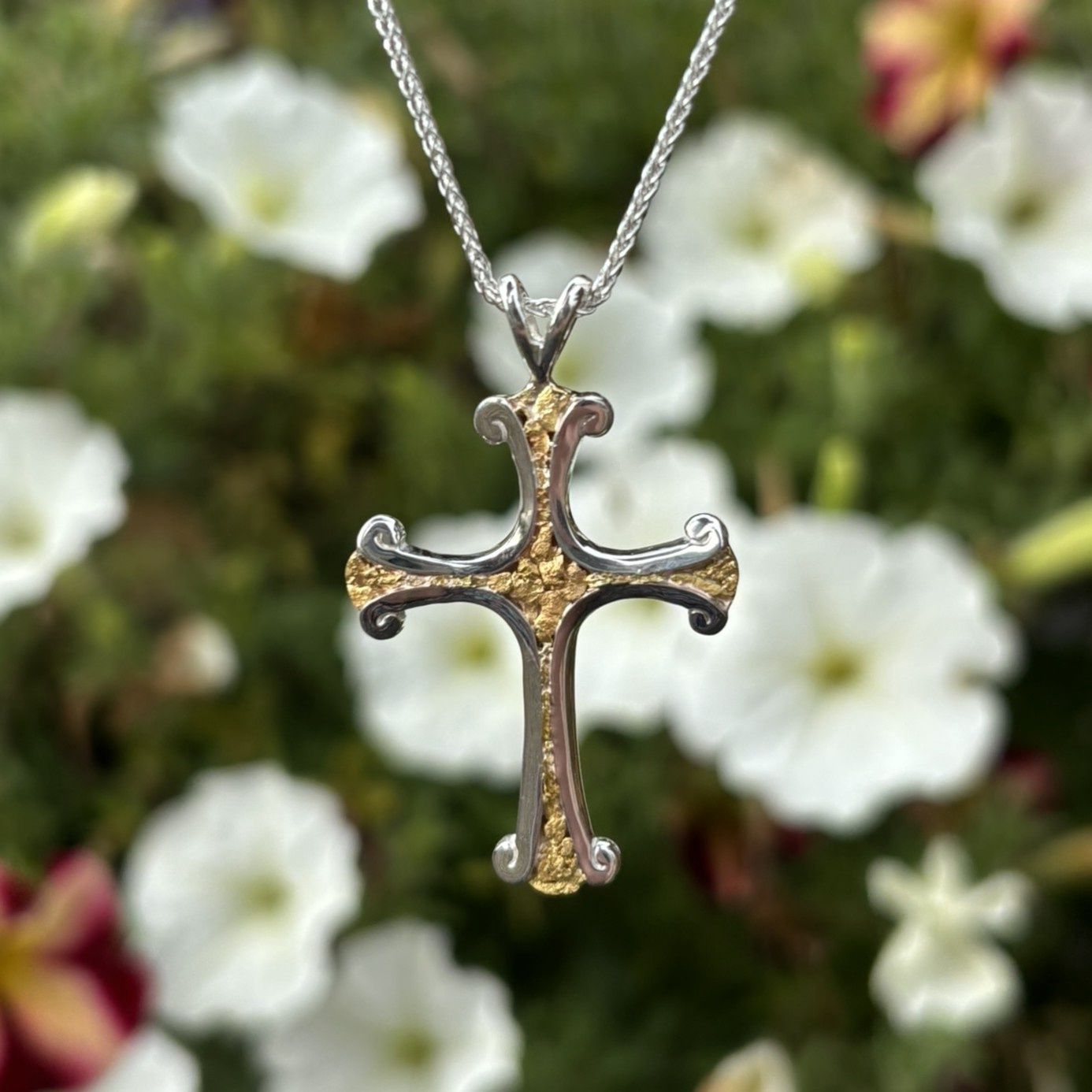Sterling Silver Cross with Gold Nuggets
