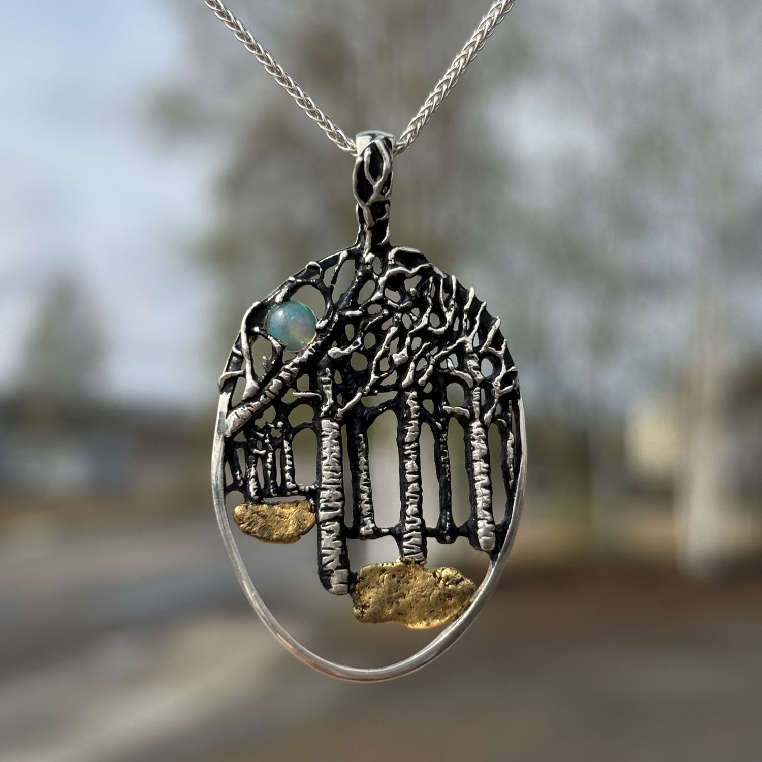 Sterling Silver Autumn Birch Forest Pendant