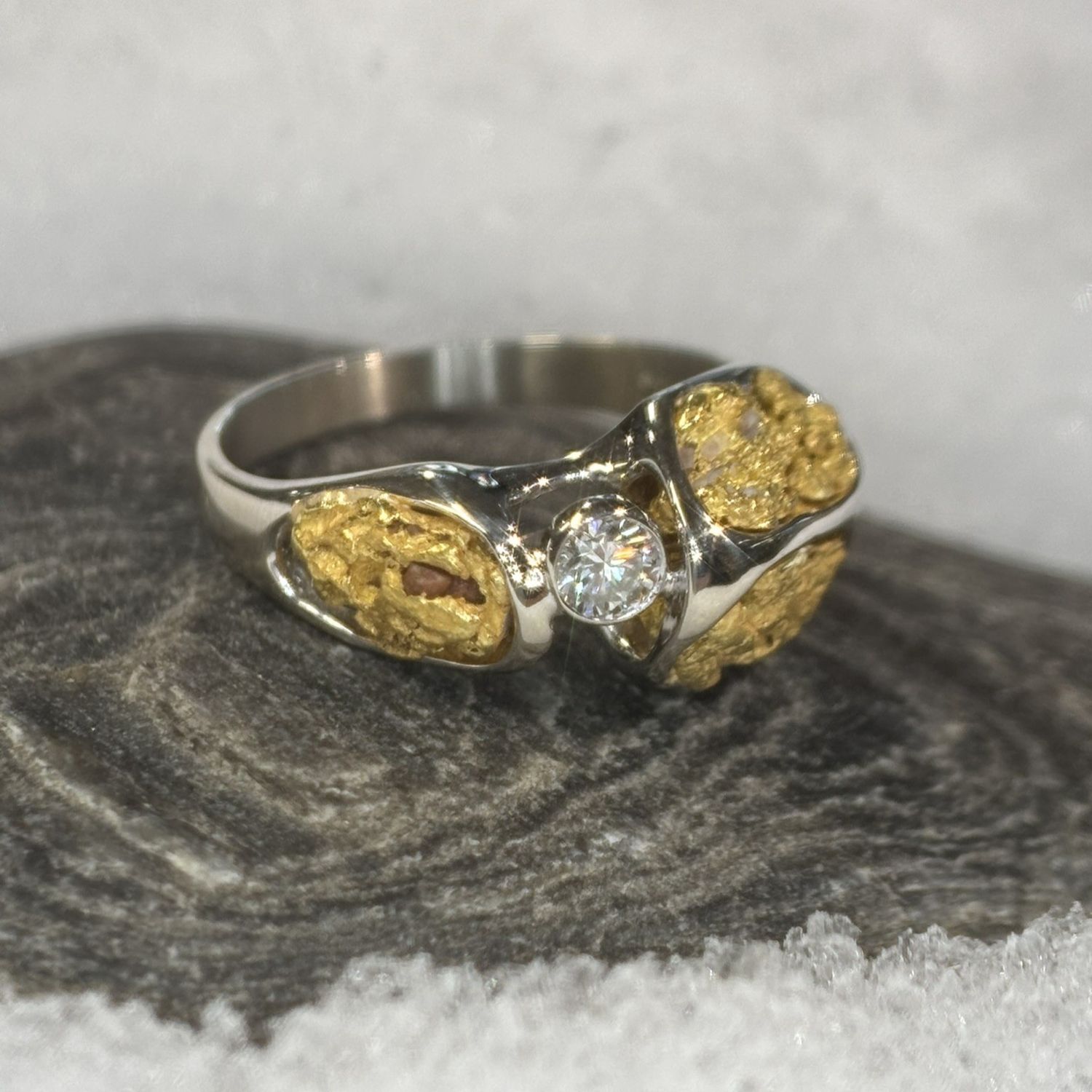 14k White Gold, Nugget &amp; Diamond Ring