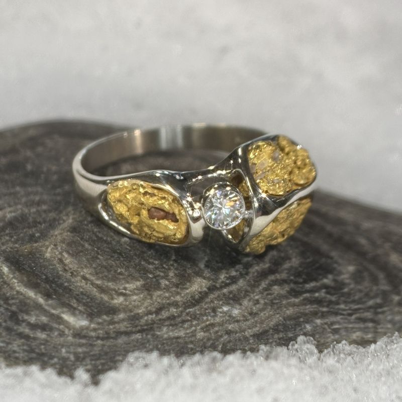 14k White Gold, Nugget &amp; Diamond Ring