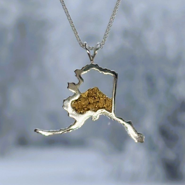 Sterling Silver Alaska with Gold Nugget Mountain