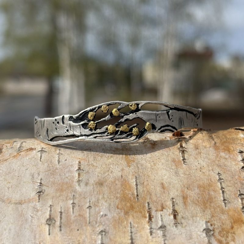 Sterling Silver Birch Bracelet with Gold Nuggets