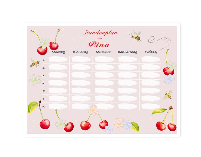 Stundenplan personalisiert | magnetisch | abwischbar | Motiv "Bienen und Kirschen"