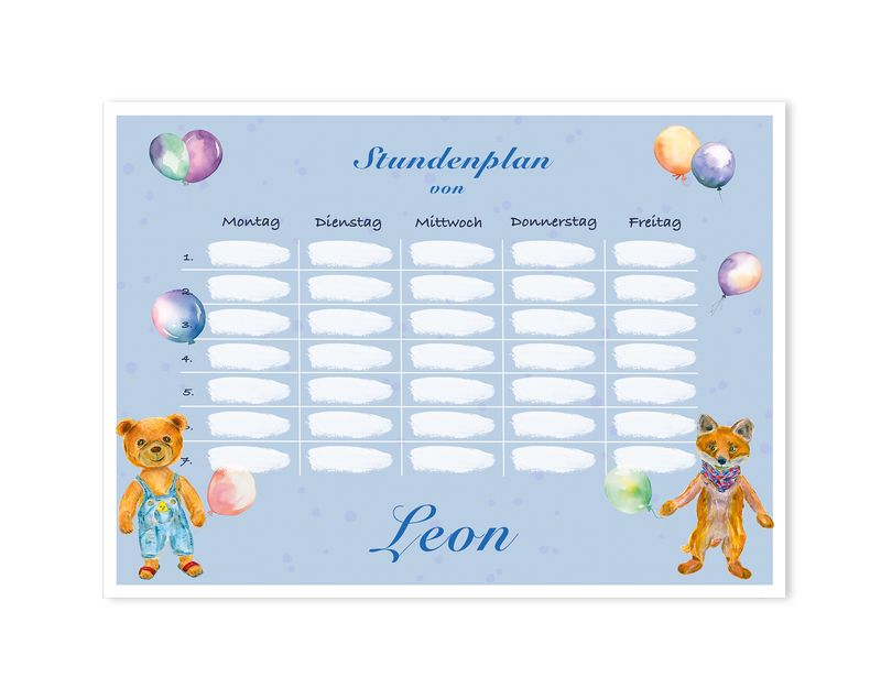 Stundenplan personalisiert | magnetisch | abwischbar | Motiv Fuchs & Bär