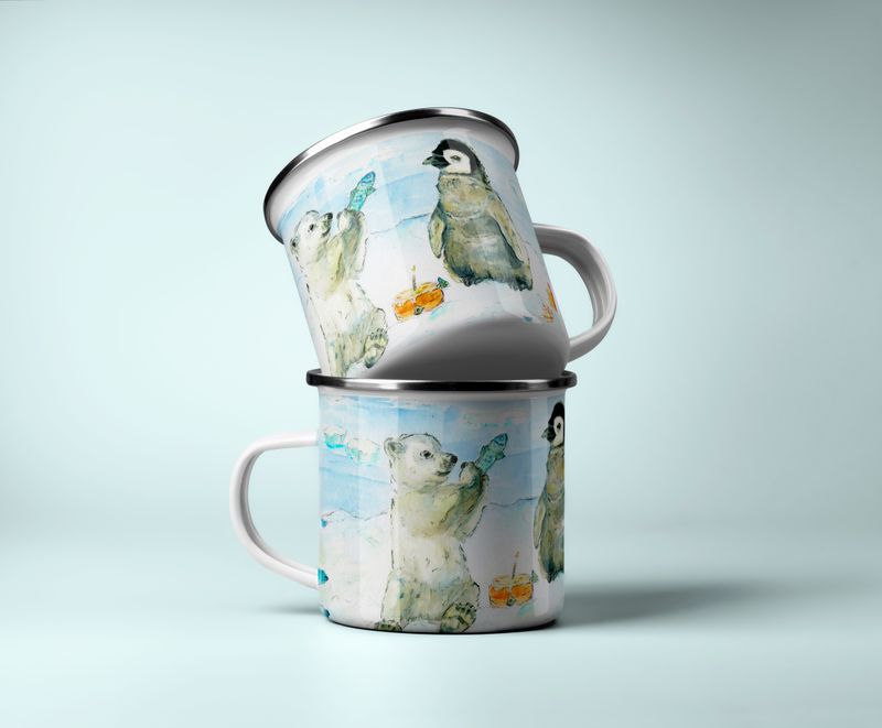 Personalisierte Kinder Tasse Emaille | Motiv Eisbär & Pinguin | Kindergeschirr HANDGEMALT