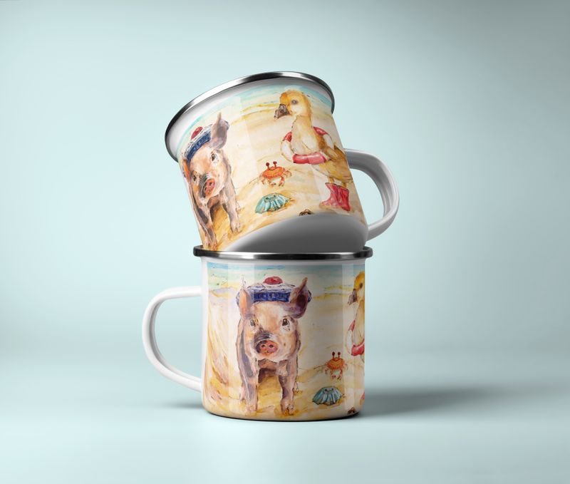 Personalisierte Kinder Tasse Emaille | Motiv Ferkel & Ente | Kindergeschirr HANDGEMALT