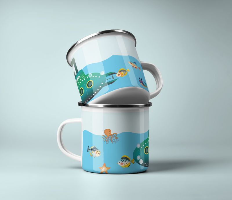Personalisierte Kinder Tasse Emaille | Motiv U-Boot | Kindergeschirr HANDGEMALT