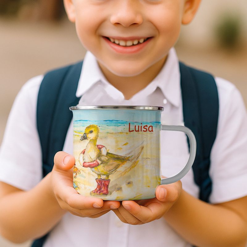Personalisierte Kinder Tasse Emaille | Motiv Ferkel & Ente | Kindergeschirr HANDGEMALT