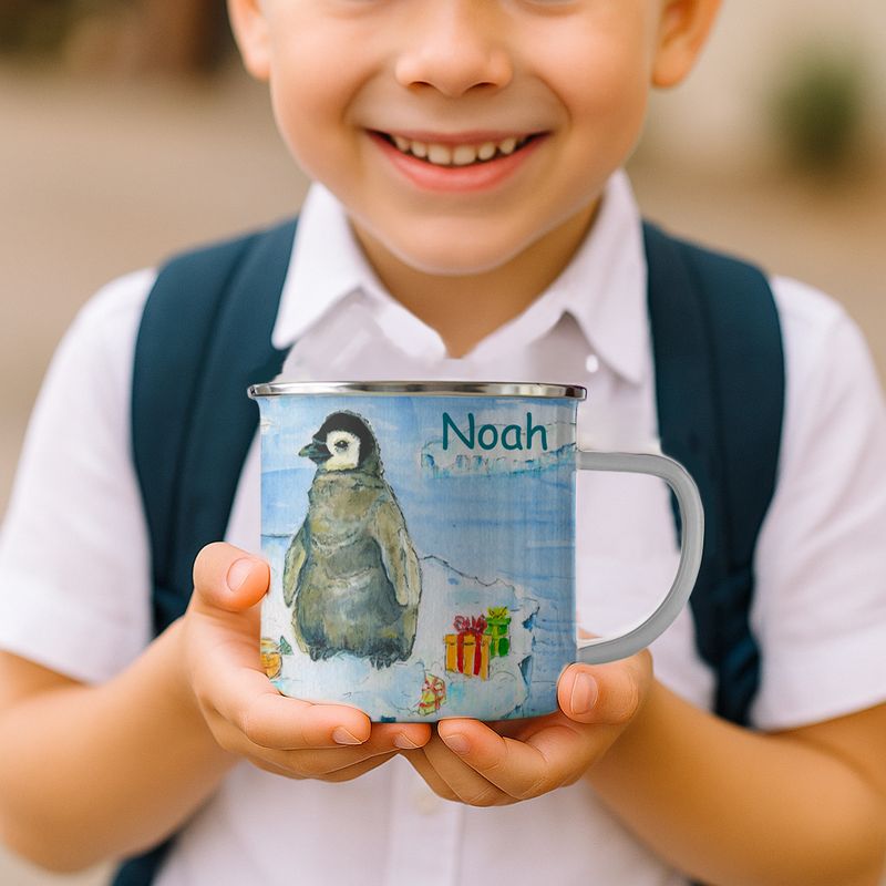Personalisierte Kinder Tasse Emaille | Motiv Eisbär & Pinguin | Kindergeschirr HANDGEMALT