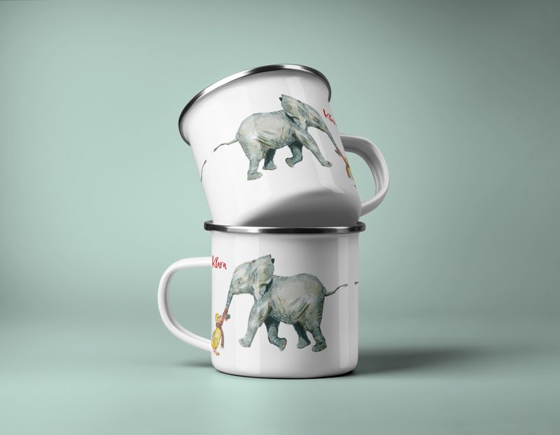 Personalisierte Kinder Tasse Emaille | Motiv Elefant | Kindergeschirr HANDGEMALT