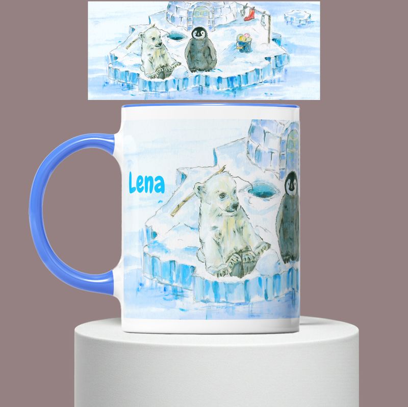 Personalisierte Kindertasse Keramik | Becher für Kinder | Motiv Eisbär & Pinguin