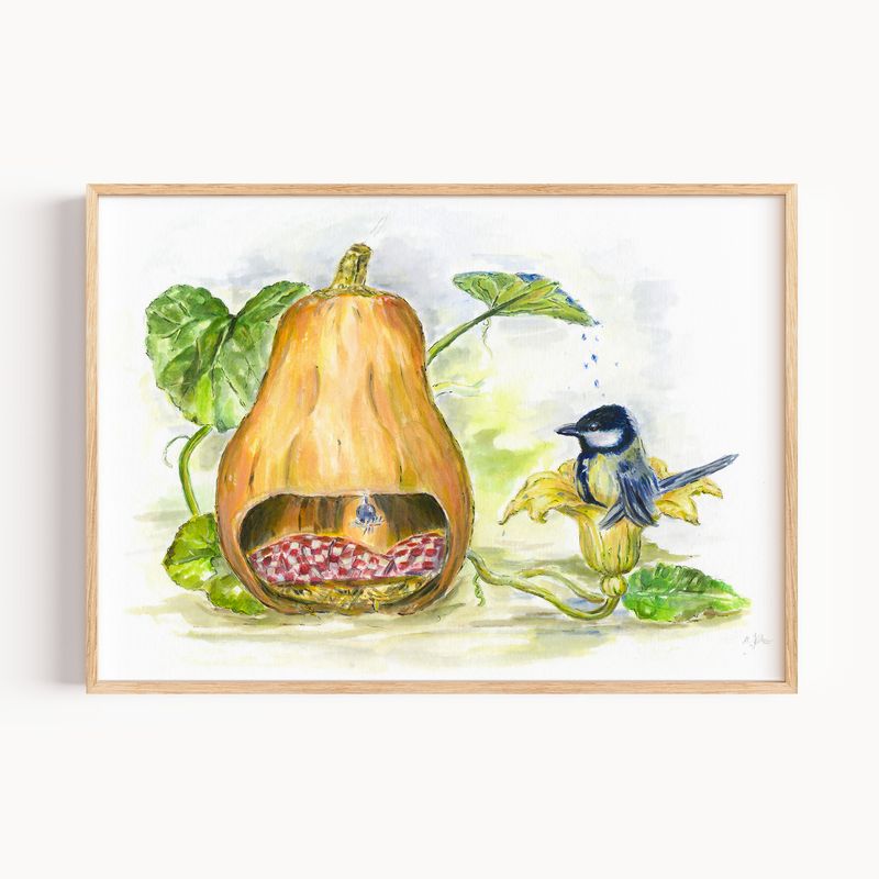 Vogel Poster für Kinder HANDGEMALT | Meisen Bild | herbstlicher Kunstdruck
