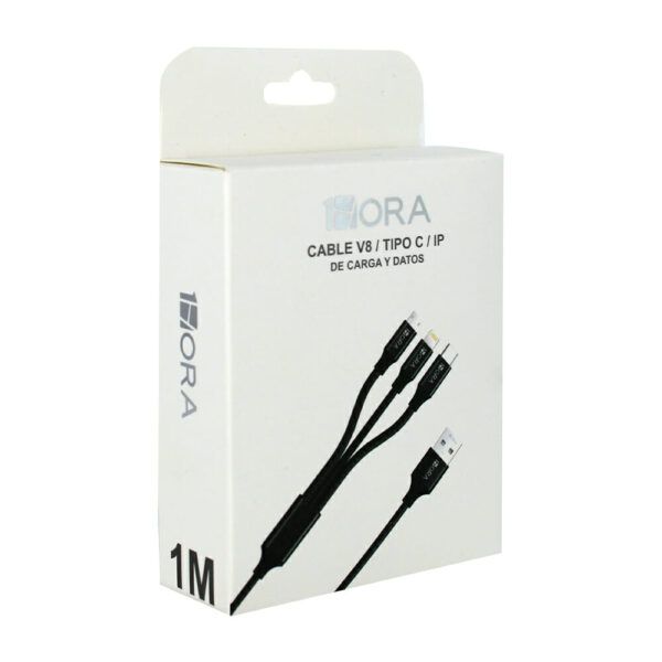 Cable 1hora 3 en 1, usb a tipo c, v8 y lightning para carga y transferencia de datos