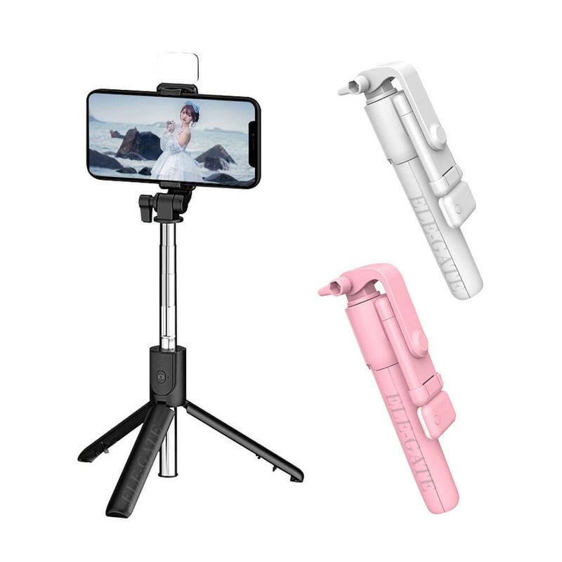Soporte tripie selfie stick bluetooth ele-gate con mini lámpara led cuadrada y control remoto