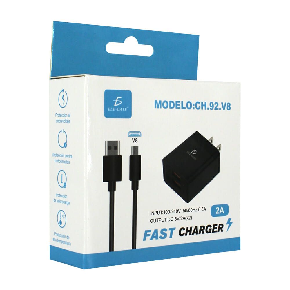 Cargador de carga rápida con 2 puertos usb, 2a, 5v, con cable v8