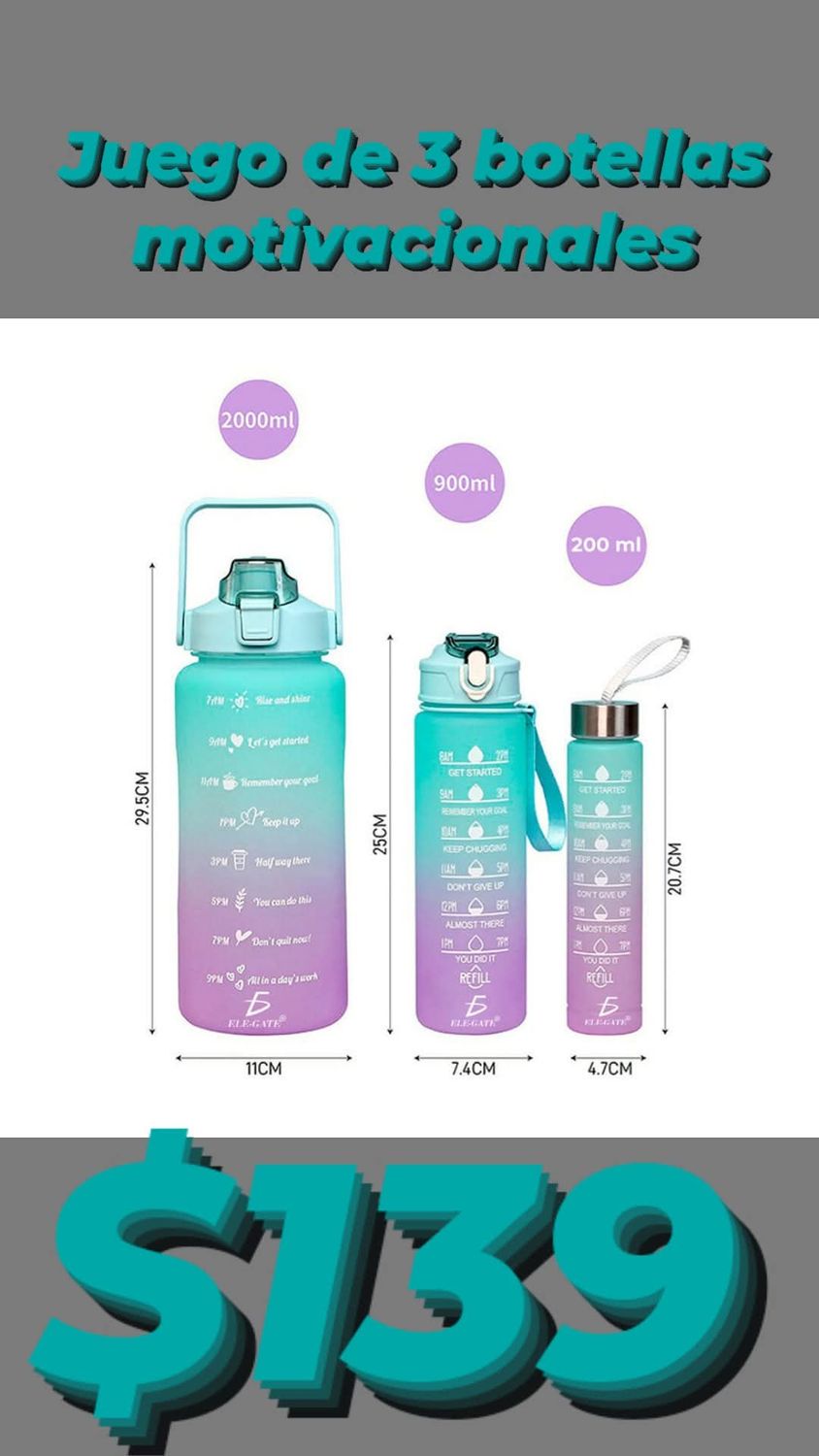 Juego de 3 botellas bicolor o tricolor de plástico con frases motivaciones