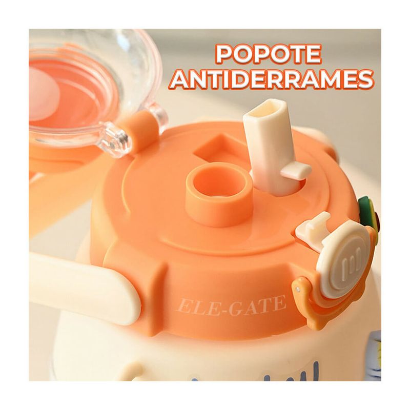 Botella cantimplora, con tapa de diseño de animales, broche de seguridad, popote, asa, correa