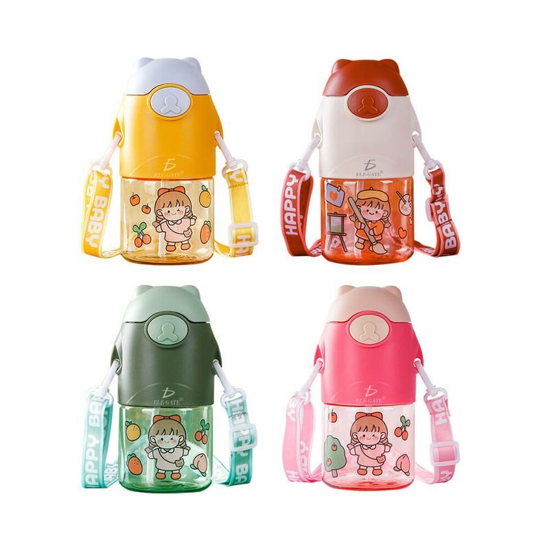 Botella infantil de personajes animados, con diseño de oso en la tapa, correa y seguro antiderrames, variedad de colores