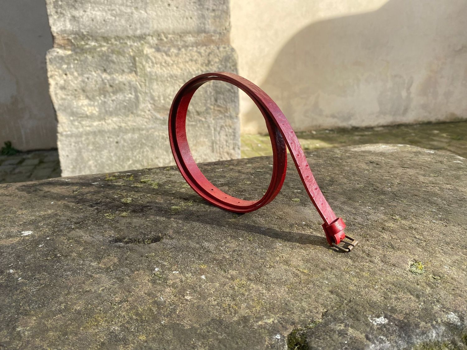 Ceinture rouge façon autruche. Largeur 1,5 cm, boucle rouleau.
