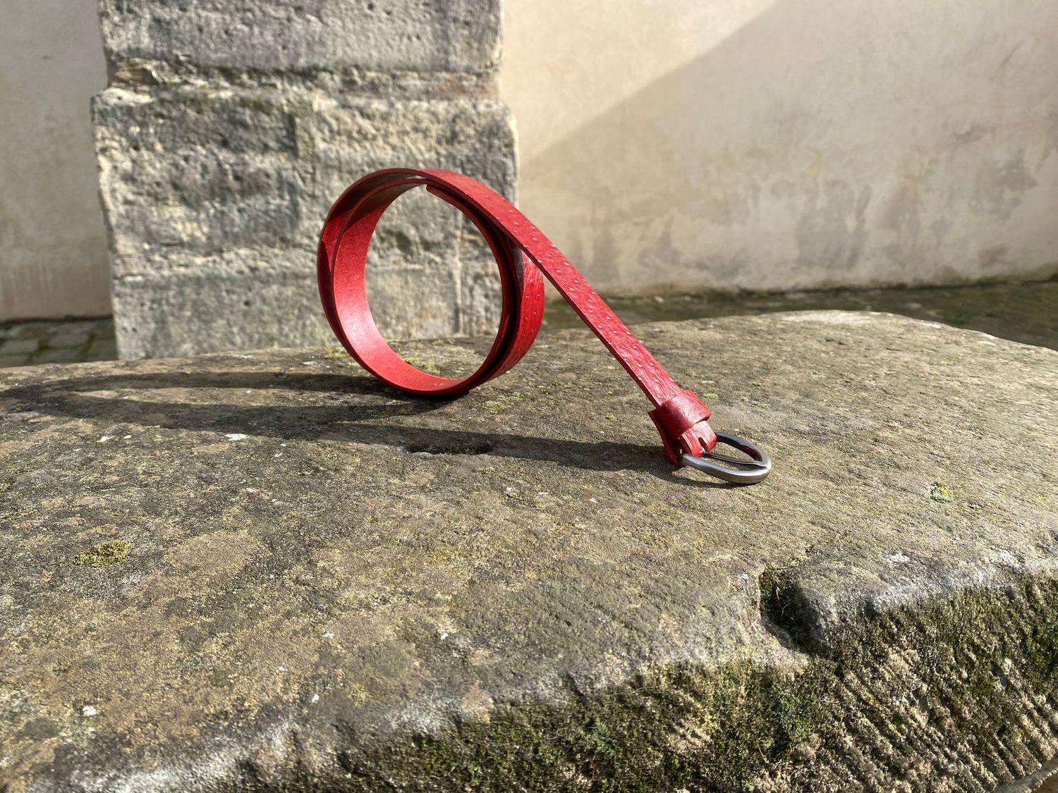 Ceinture rouge autruche. Largeur 3 cm, boucle argentée.