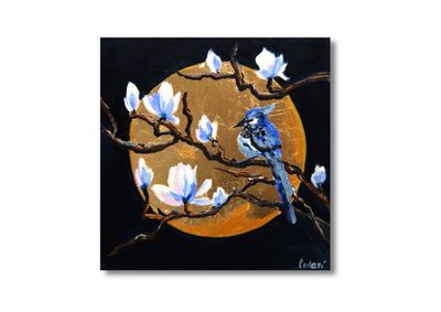 A Bird on a Magnolia Branch in Moonlight