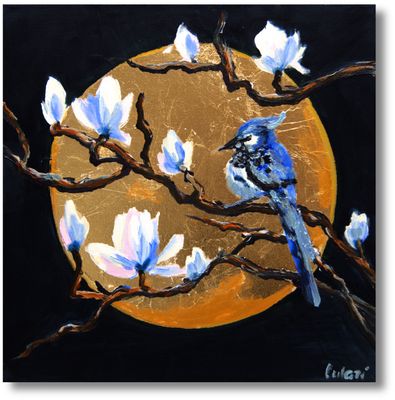 ​Ein Vogel am Ast von Magnolie im Mondschein