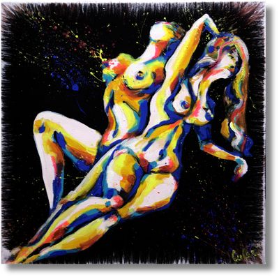 Zwei Frauenakte – Abstrakte Sinnlichkeit auf Schwarz | Originalgemälde handgemalt von Chupakhina Larissa