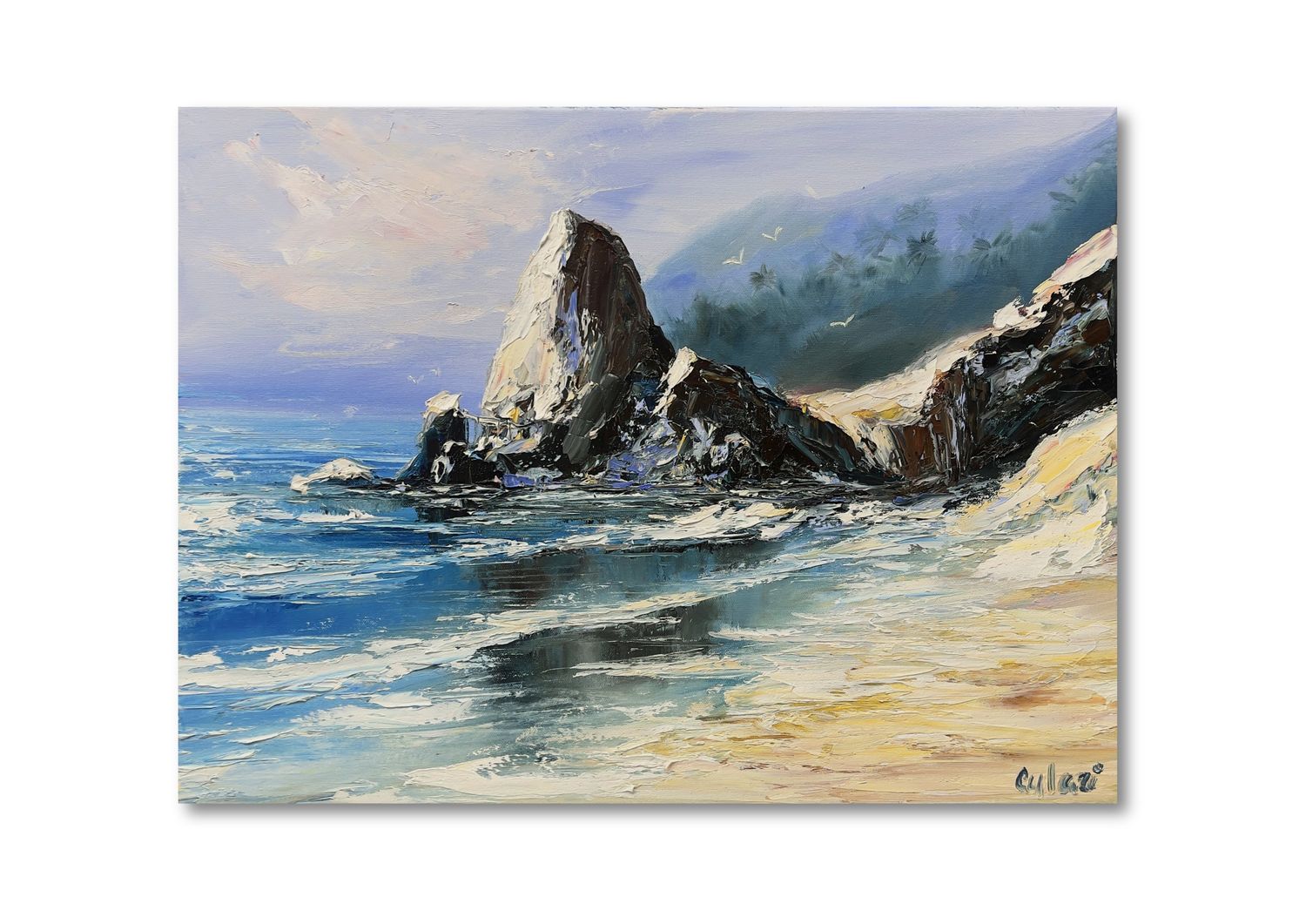„Klippen am Meer mit Möwen“ – Ausdrucksstarke Meereslandschaft in Öl