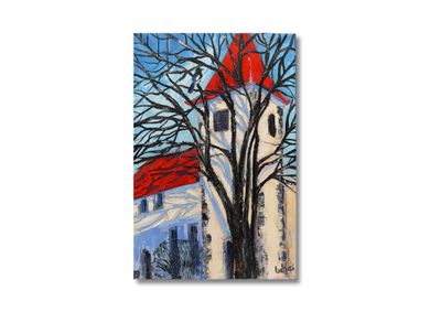 „Herbstbaum mit Kirchturm“ – Stimmungsvoller herbstlicher Landschaftsausdruck in Öl
