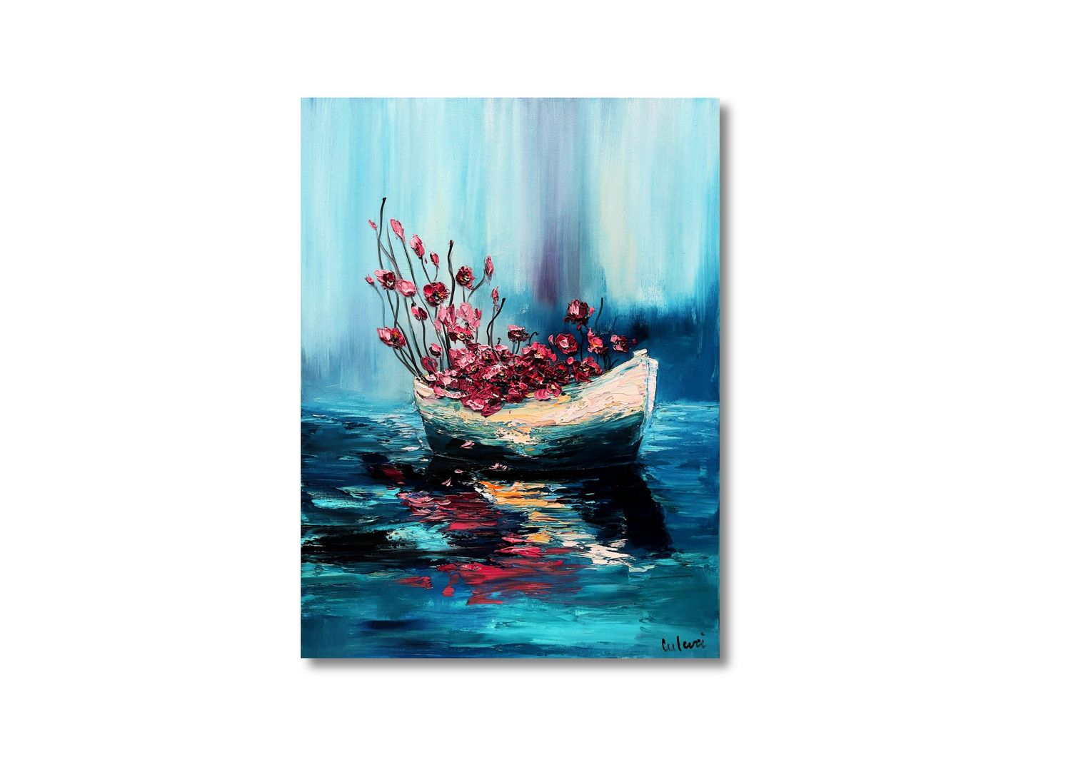 Flowers in the Rowboat – A Masterpiece of Modern Oil Painting