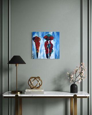 People in the Rain - Original Abstract Painting with Unique Texture
