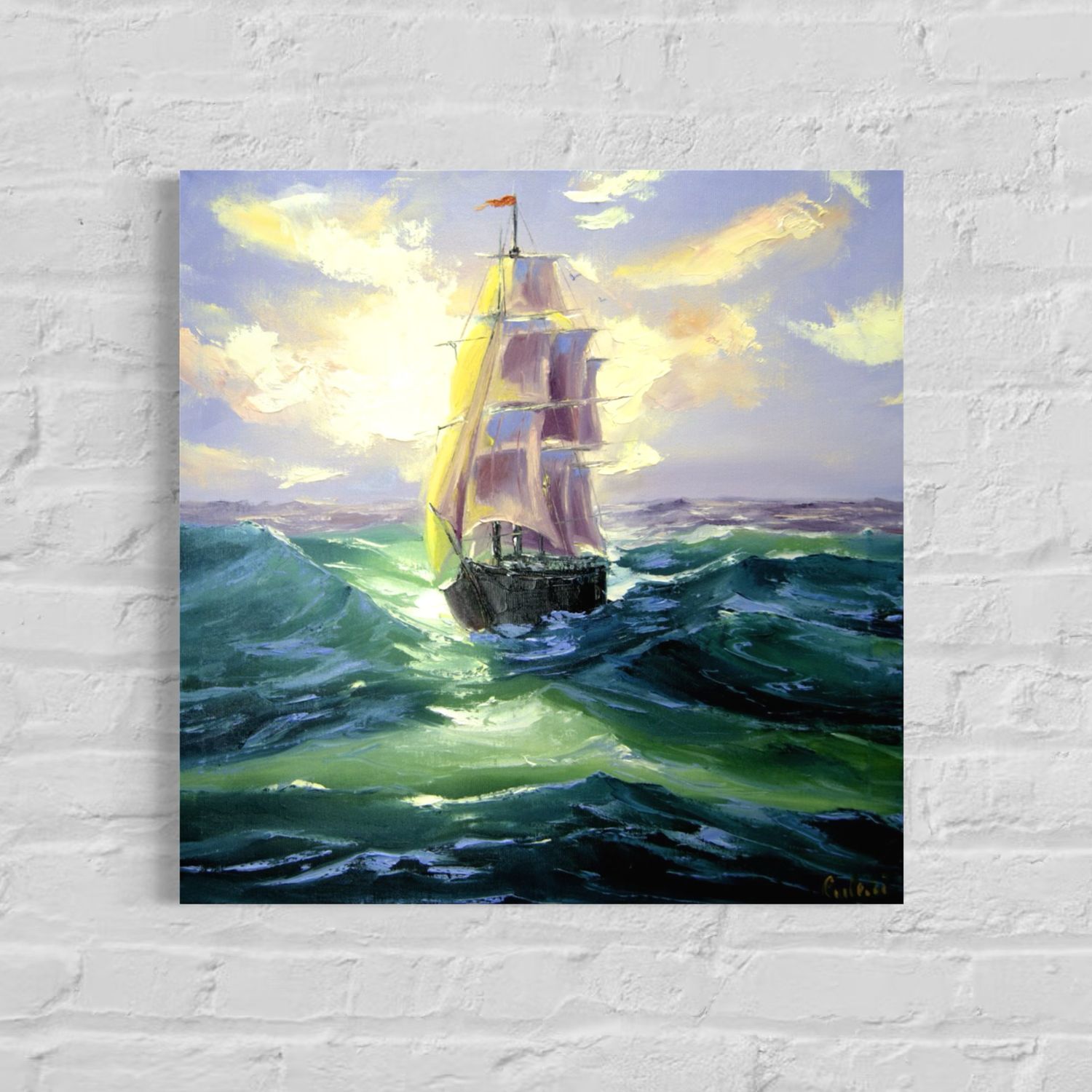 “Sailing Ship at Sea” – Impressionistic Depiction of Maritime Elegance