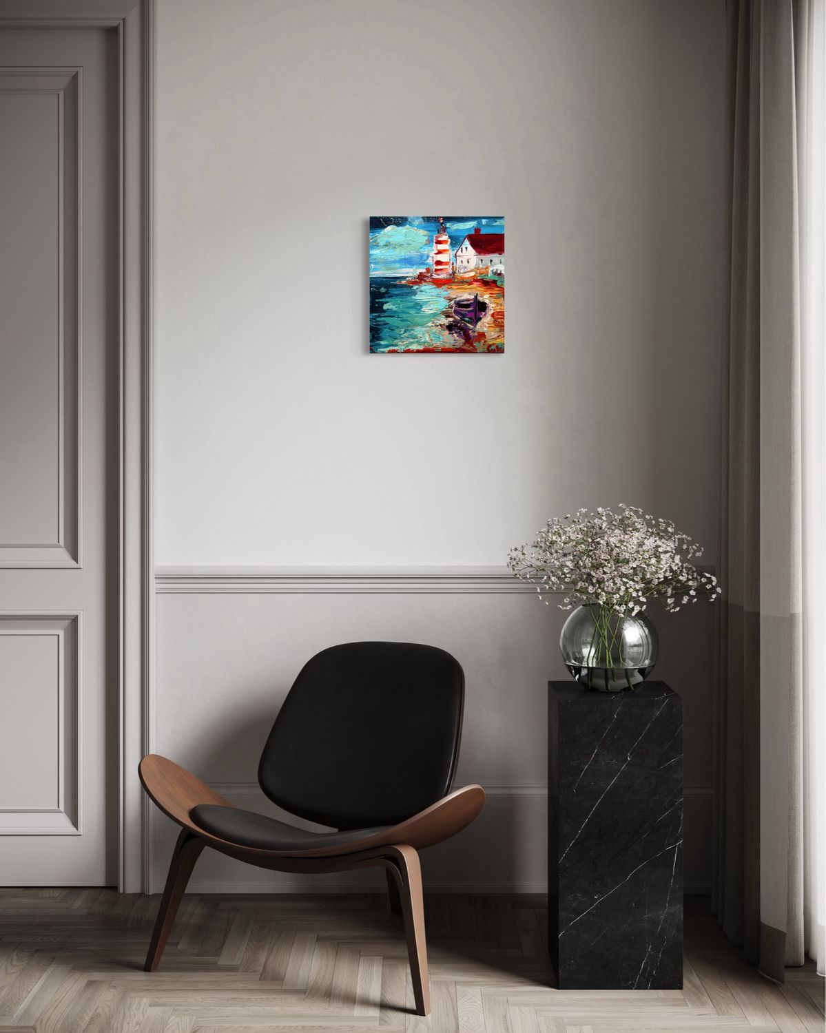 “Lighthouse on the Shore” – Impressionistic Depiction of Maritime Serenity