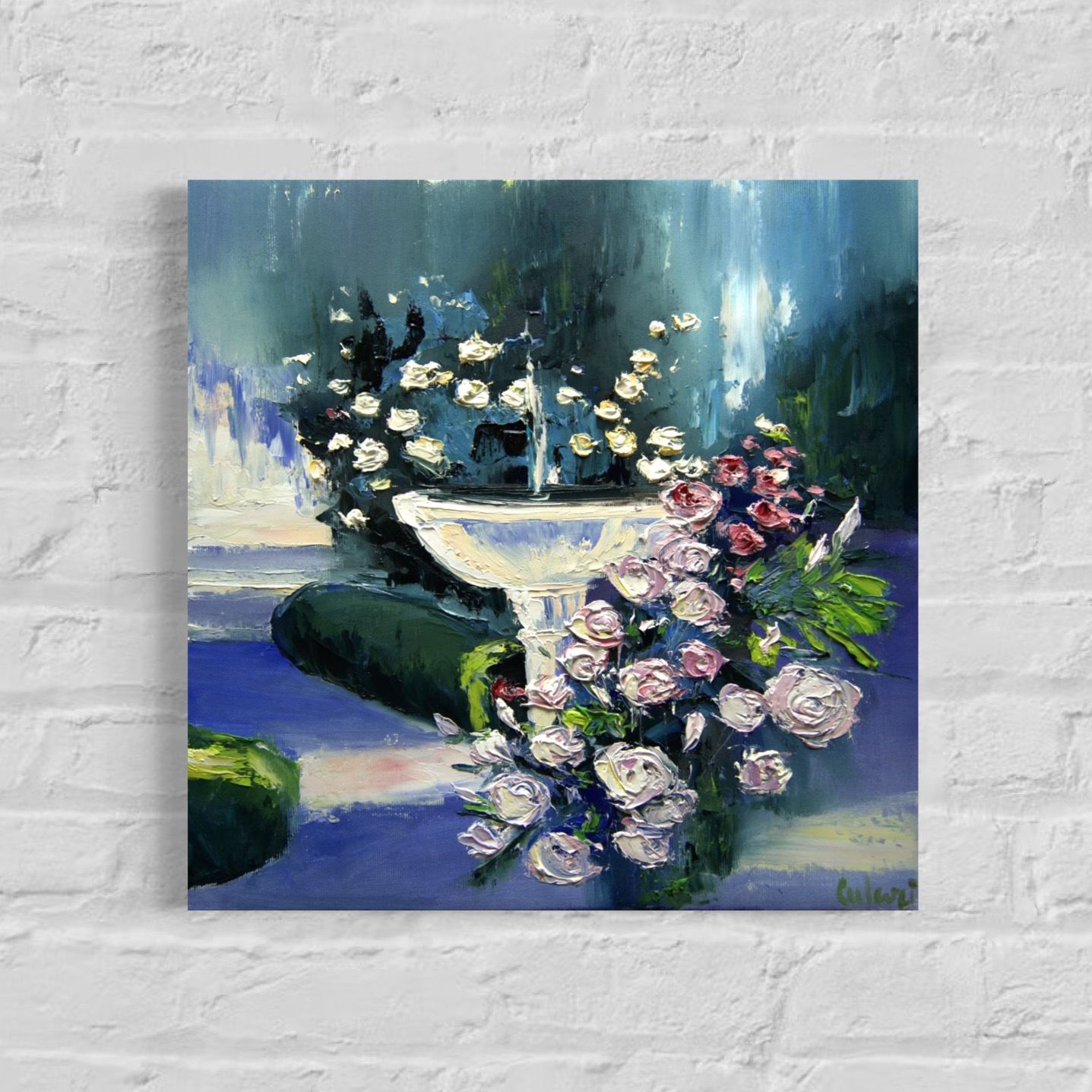 Roses at the Garden Fountain – Oil Painting by Larissa Chupakhina (Culari)