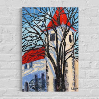 “Autumn Tree with Church Tower” – Evocative Autumnal Landscape in Oil